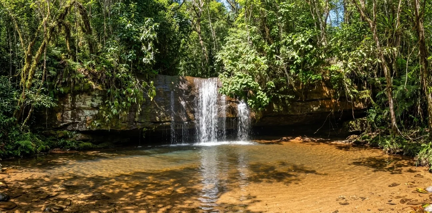 Queda d’água da Cachoeira dos Namorados cercada de vegetação