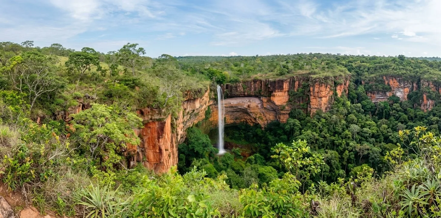 Cachoeira Véu da Noiva caindo entre paredões de arenito avermelhado